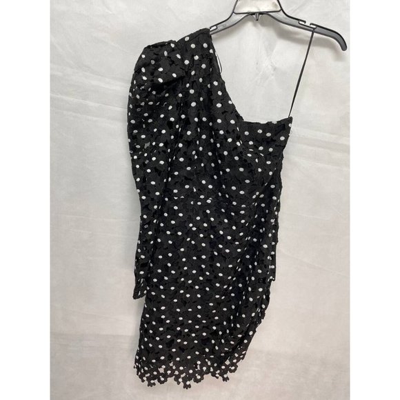 Bardot One Shoulder Lace Long Puff Sleeve Black and White Mini Dress Sz 12 - Picture 2 of 7